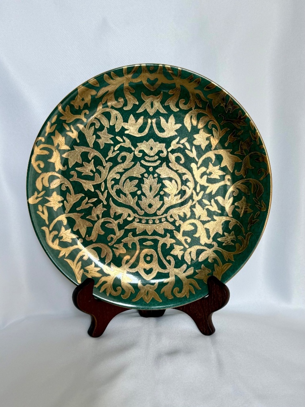 Vintage R.H. Macy Green Gold Damask 10.5" Decorative China Plate | Not Food Safe
